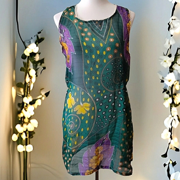 Hot Product Green Floral Print Scoop Neck Sheer Coverup One Size NWT - Picture 1 of 7